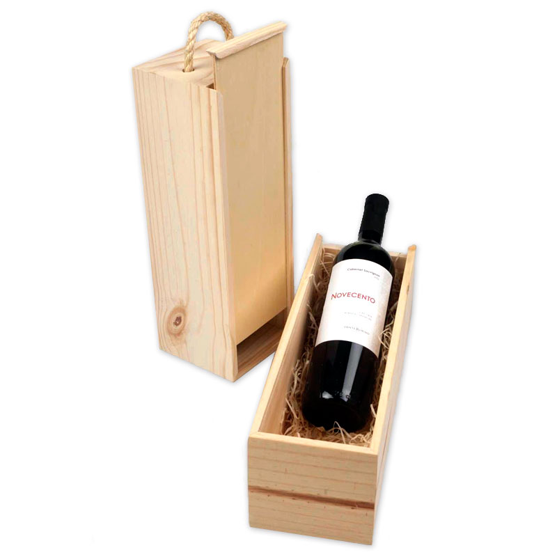 Caixa de Madeira Pinus para Vinho com tampa de correr p/ 1 Garrafa
